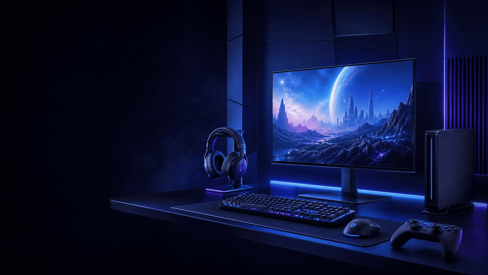 Premium blue-lit gaming desk with monitor, headset, keyboard, mouse, console, and controller
